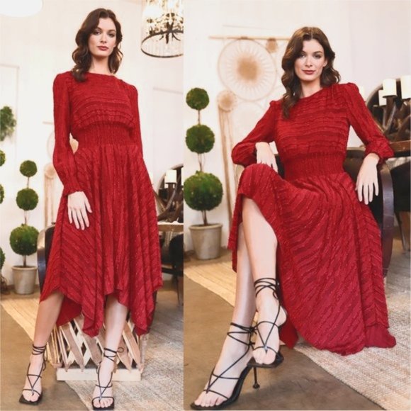 MODA ME COUTURE Dresses & Skirts - Burgundy Striped Textured Smocked Waist Uneven Hem